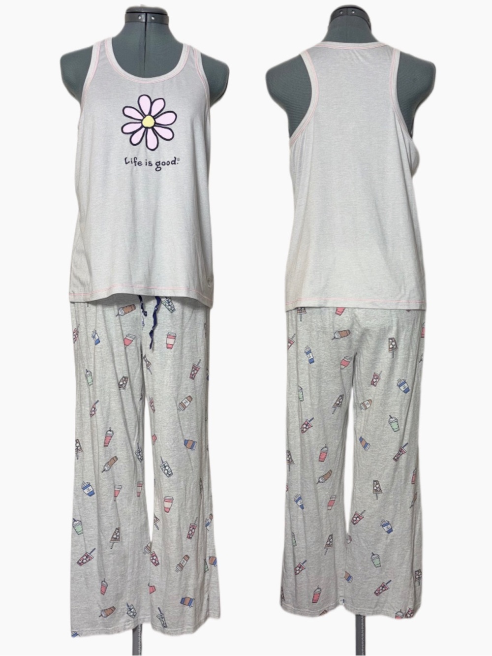 Life Is Good Pajama Set White Daisy Tank, Light Gray Lounge Pants women's medium
